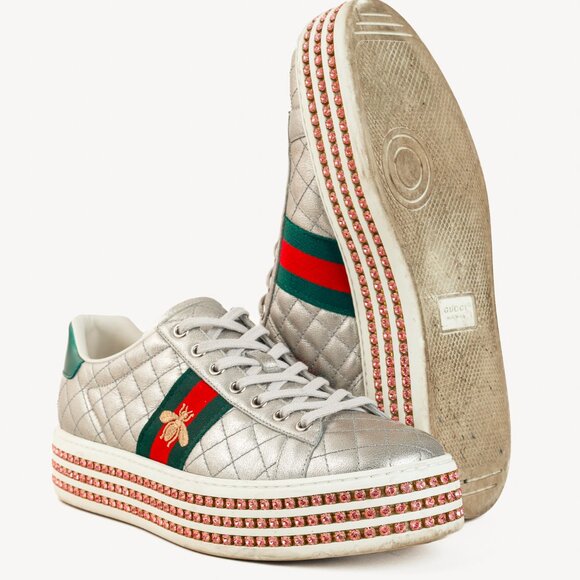 Gucci Ace Silver Quilted-Leather Bee-Webbing Crystal-Platform Sneakers - Picture 4 of 14